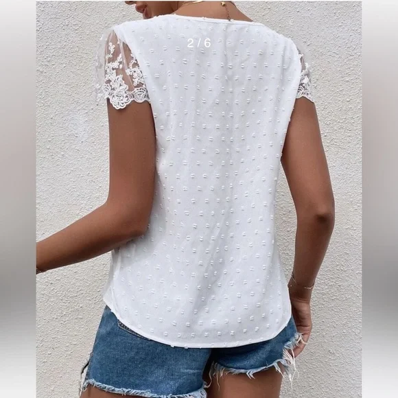 Swiss Dot Guipure Lace Detail Contrast Embroidered Mesh Blouse - Picture 3 of 3